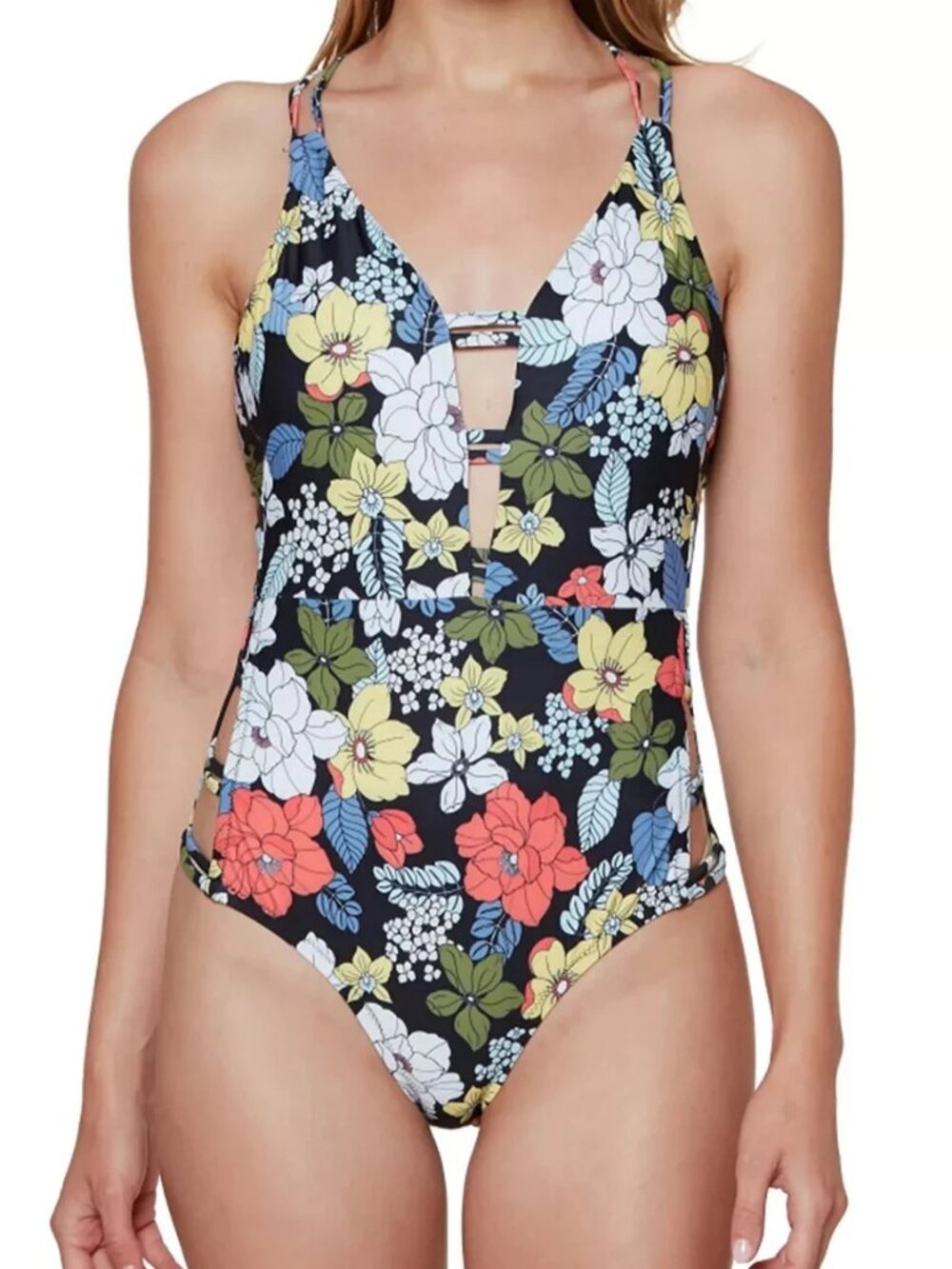 Jessica Simpson Women's Plunge One-Piece Swimsuit, Floral Black Multi, Small